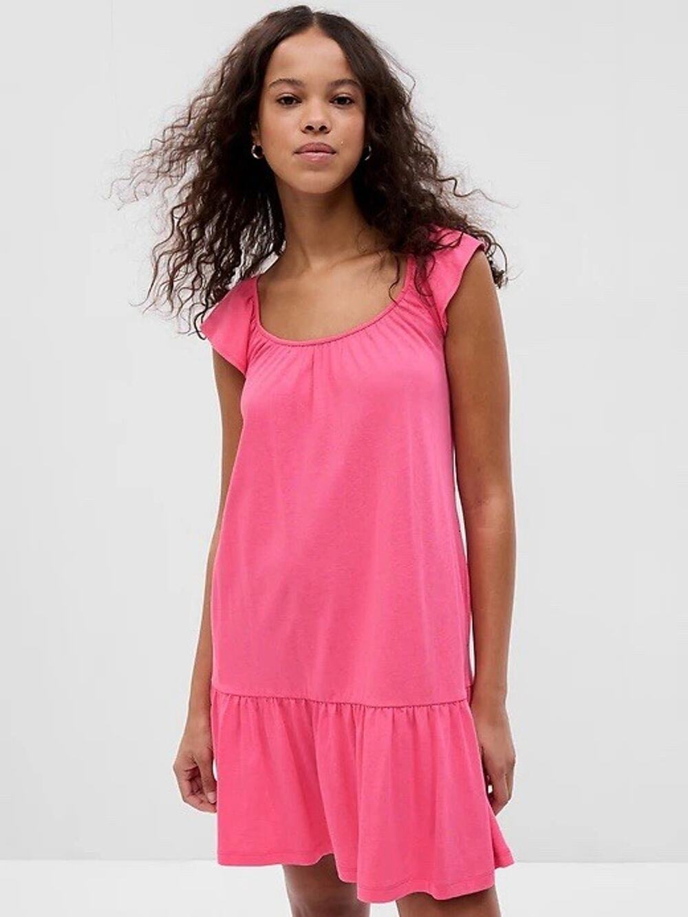 Gap Ruffle Hem Mini Dress Hot Pink Flutter Sleeve Cross Back Sundress Sz XS
